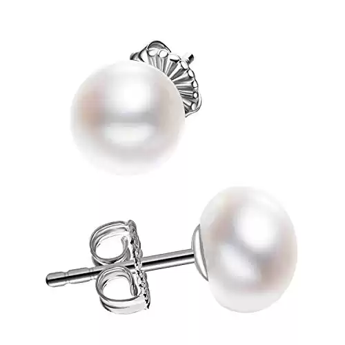 Classic Dainty 925 Sterling Silver 6mm White Freshwater Cultured Pearl Stud Earrings for Women