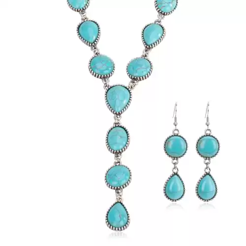 Jewelry Set for Women Cowgirl Turquoise Vintage Western Bohemian Y Necklace Earrings