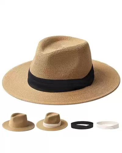 Sun Hats for Women  Wide Brim Fedora Straw Beach Hat UV UPF 80+