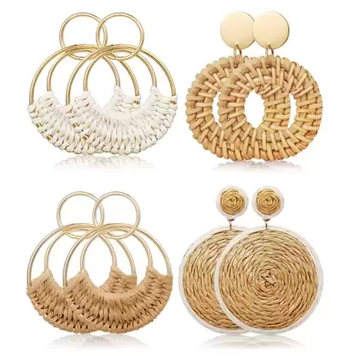 4 Pairs Handmade Raffia Rattan Bohemian Earrings