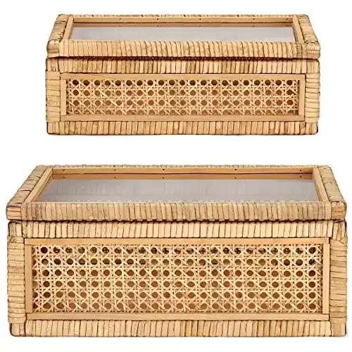 Set of 2 Boho Rectangular Rattan Decorative Boxes