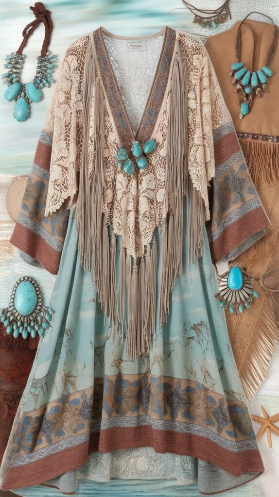 photo of a boho style coastal cowgirl dress and turquoise jewelry