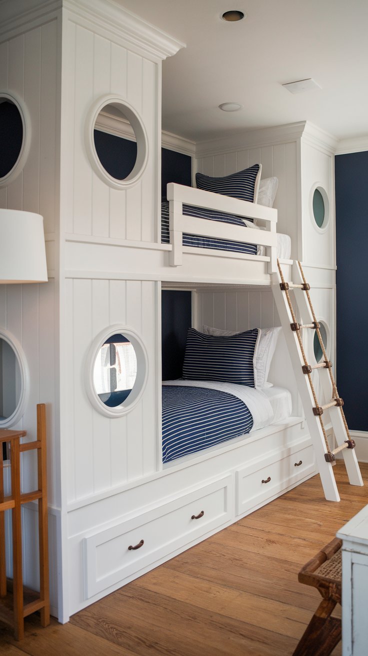 A well-designed bedroom with a bunk bed. The bed is painted in white and features a ladder with a rope handle. The top bunk has striped bedding, while the bottom bunk has a checkered pattern. Both beds are adorned with striped and checkered pillows. On the wall, there are two framed decorative items resembling ship wheels. The room has a deep blue wall color, and there's a window on the right side, allowing natural light to enter. A woven basket is placed near the bottom of the bed. 