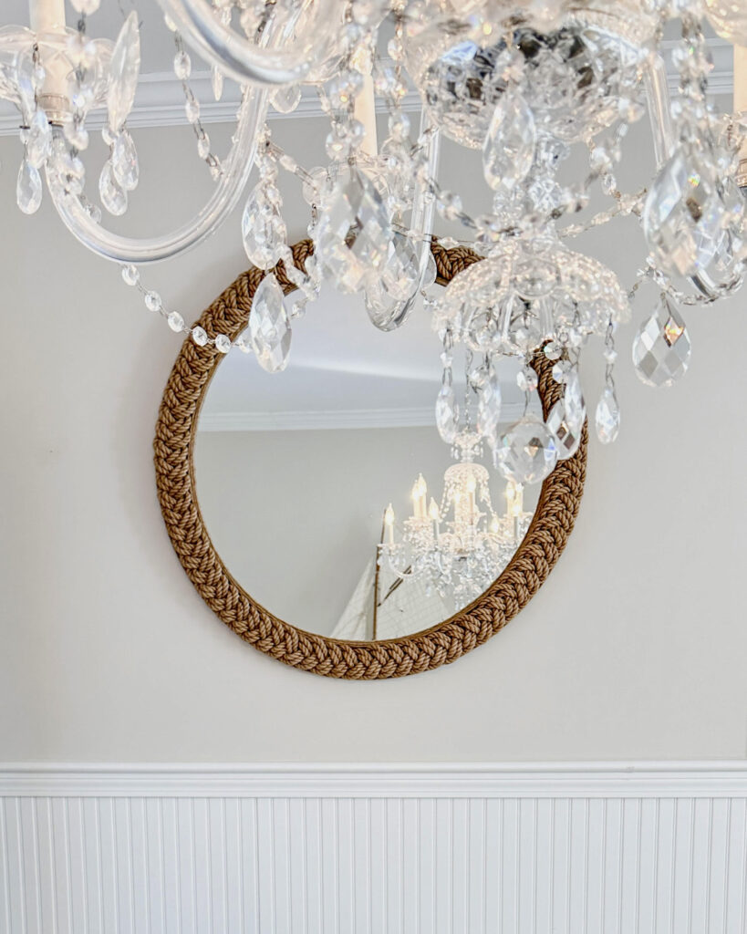 coastal glam chandelier with rope mirror