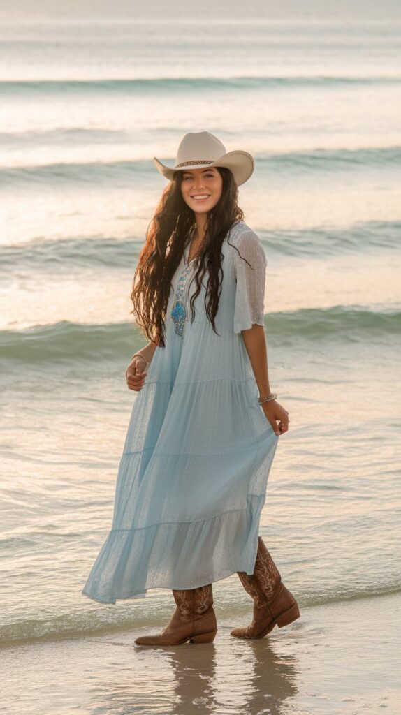 coastal cowgirl on a beach in a lovely blue dress