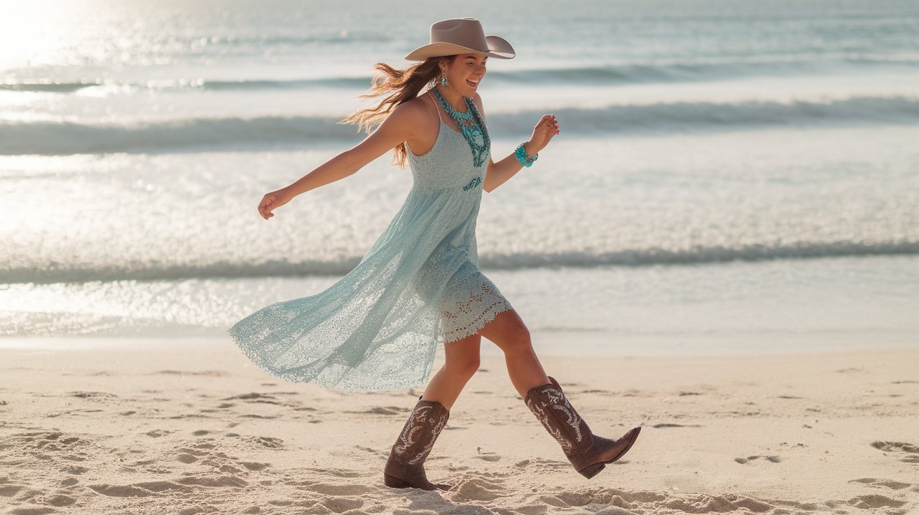 coastal girl with cowgirl hat having fun at the beach