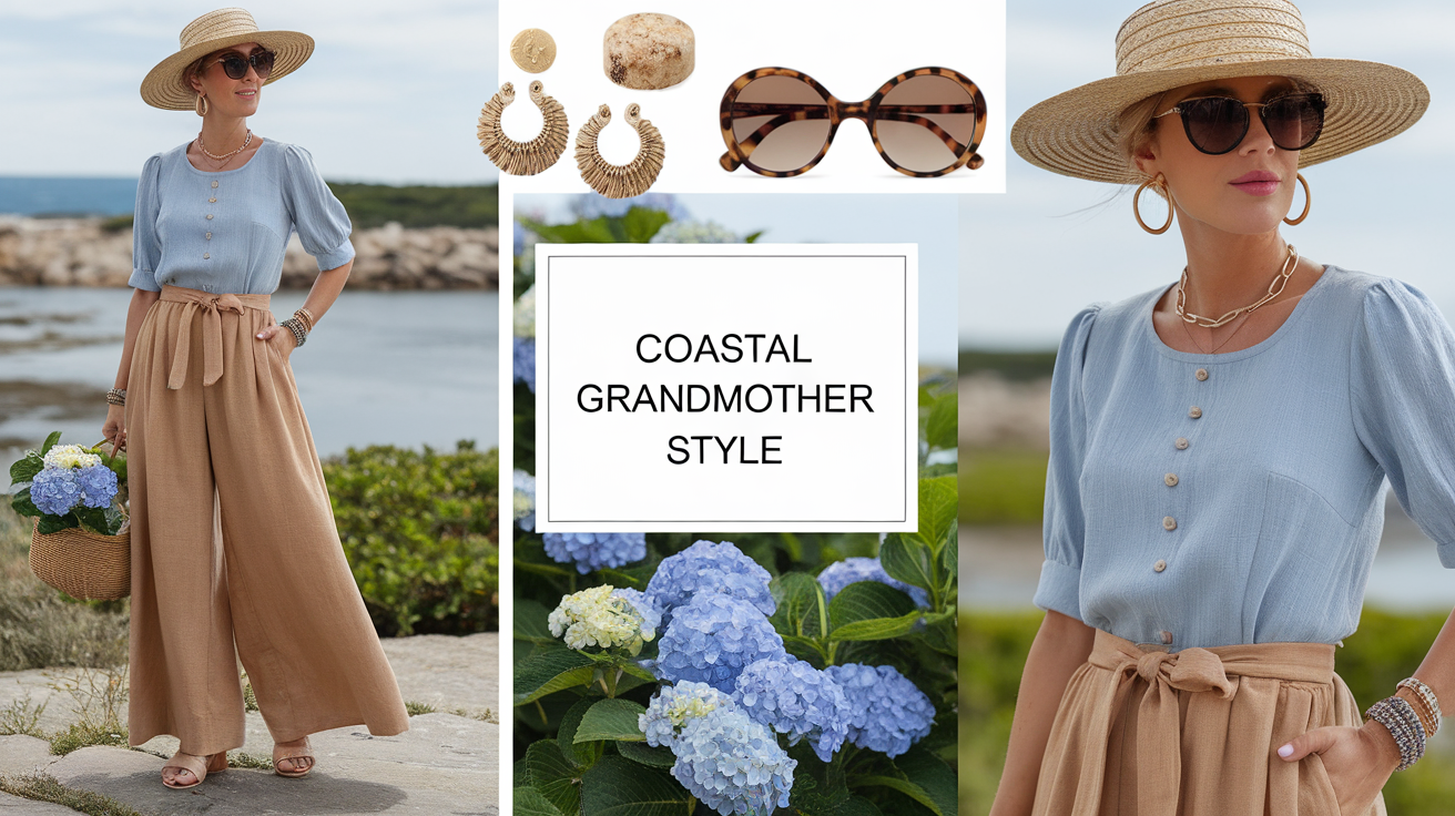 coastal grandmother style blue linen blouse, loose flowy linen pants, sandals, a straw sunhat and a basket of hydrangea