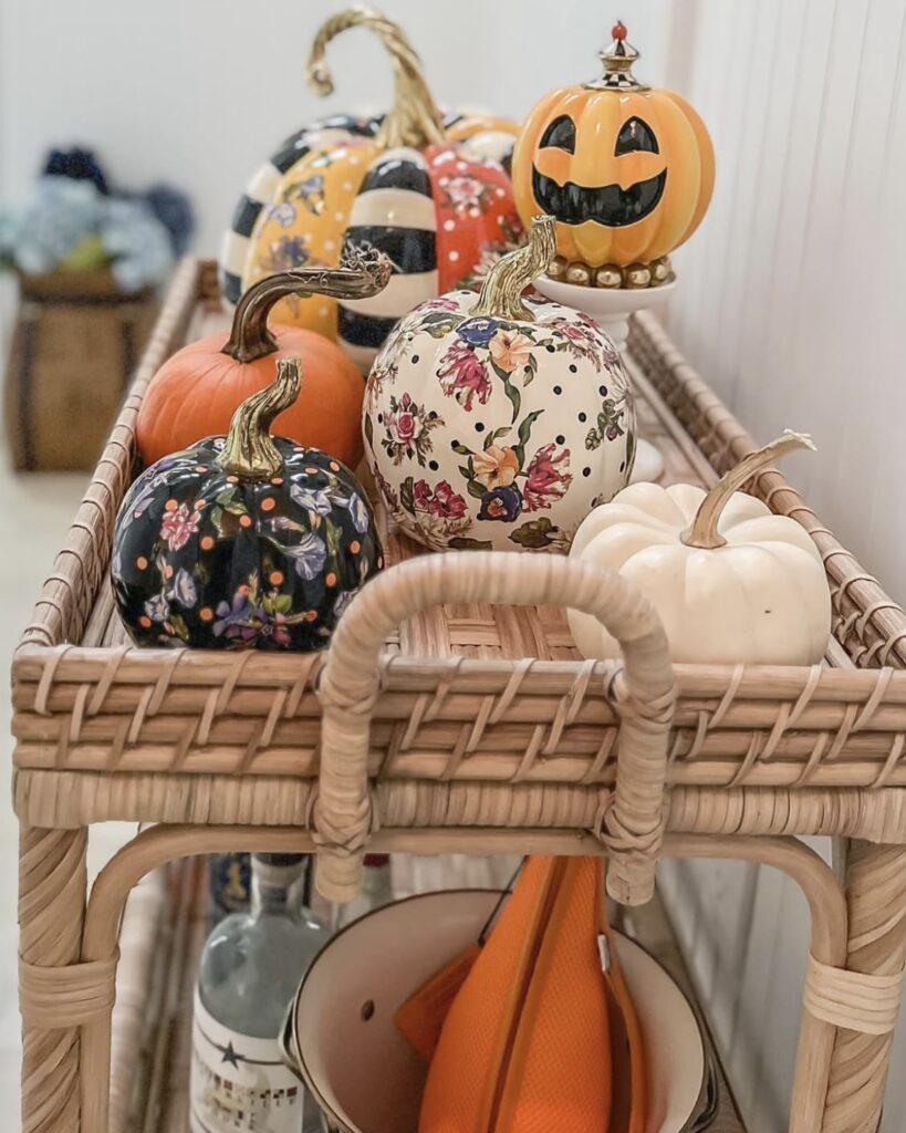 coastal bar cart styling with fall pumpkins