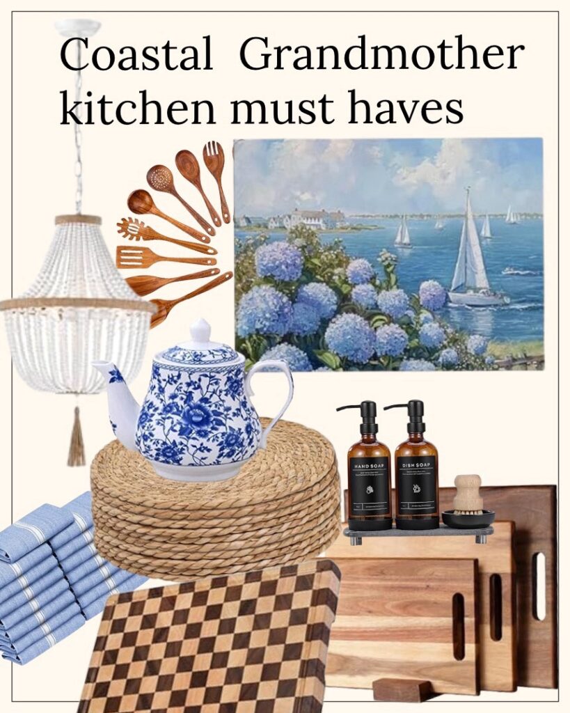 kitchen must have collage featuring great items from amazon for your coastal kitchen, affiliate links