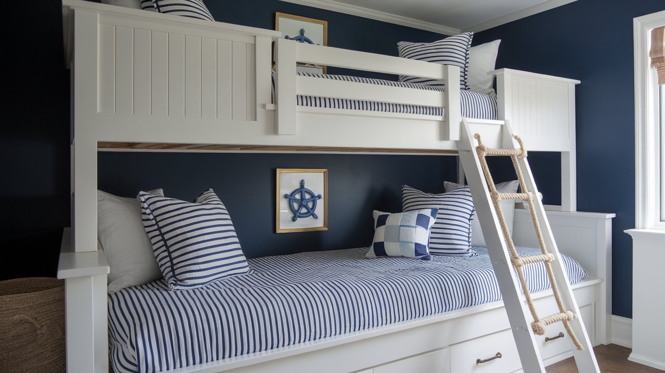 A well-designed bedroom with a bunk bed. The bed is painted in white and features a ladder with a rope handle. The top bunk has striped bedding, while the bottom bunk has a checkered pattern. Both beds are adorned with striped and checkered pillows. On the wall, there are two framed decorative items resembling ship wheels. The room has a deep blue wall color, and there's a window on the right side, allowing natural light to enter.